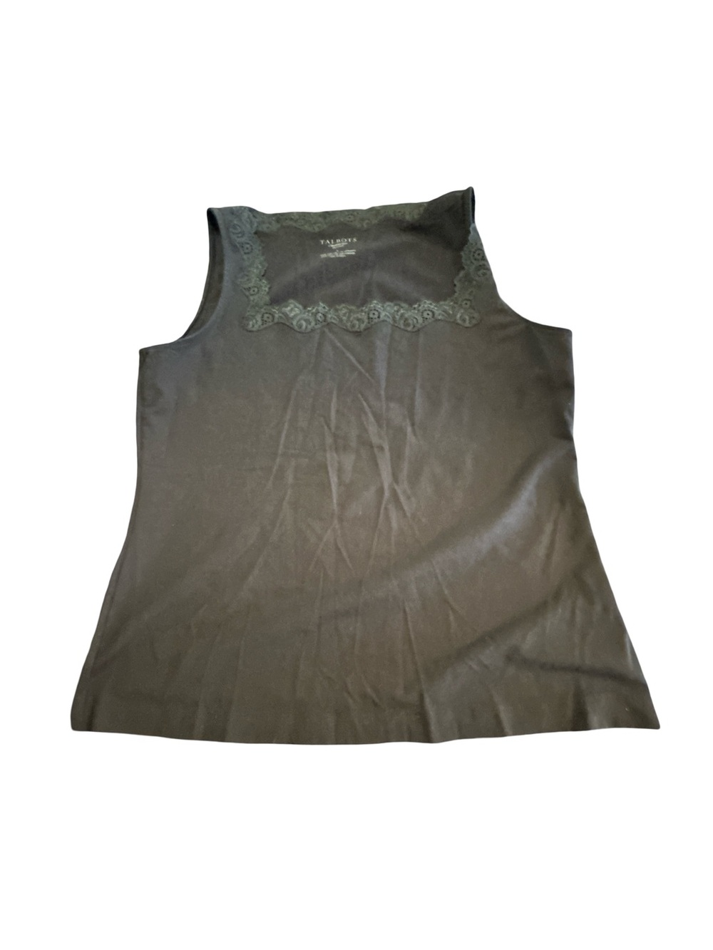 Talbots Petites Black Lace Trim Square Neck Tank Top Cami Cotton Blend Large L